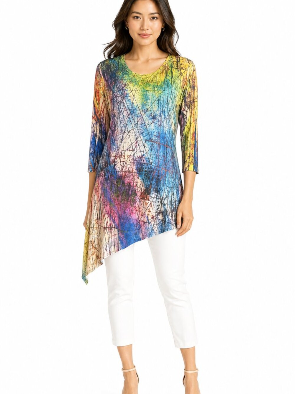Jess & Jane Tunic Size Small Blue Yellow Asymmetric Hem Abstract Sequin Boho